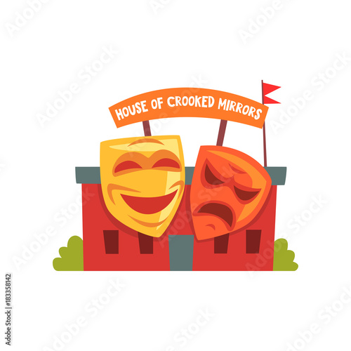 House of crooked mirrors. Colorful amusement park icon. Entertainment element for family fun. Flat vector design for banner, poster or card