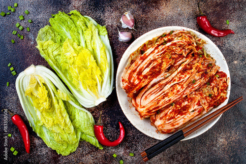 Preparing cabbage kimchi. Korean traditional cuisine. Fermented food.