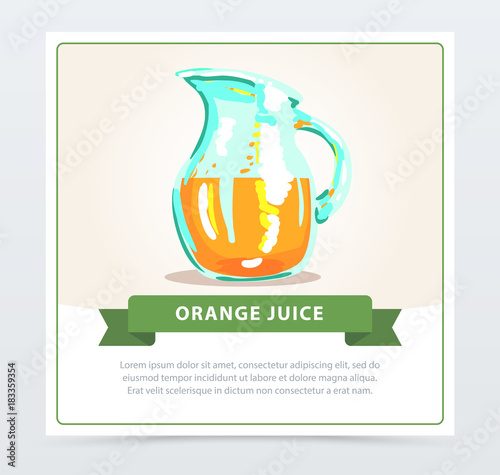 Hand drawn card with glass jug of healthy orange juice. Fresh natural drink concept. Colorful cartoon vector illustration with place for text