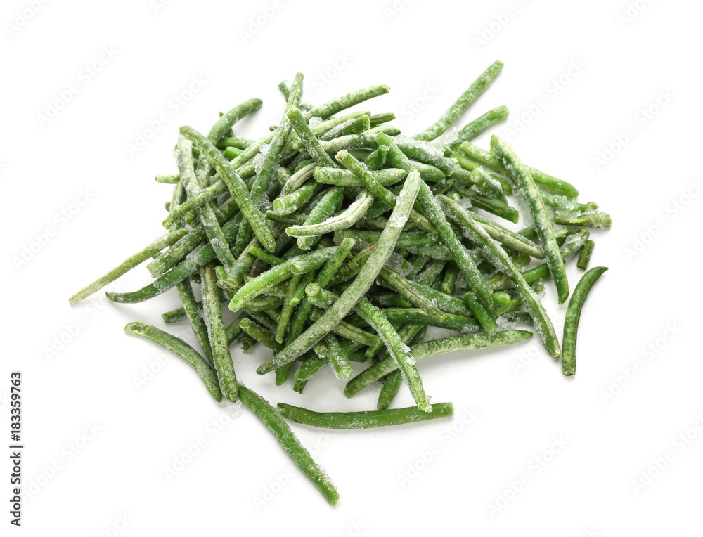 Frozen green beans on white background Frozen green beans on white background