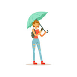 Beautiful woman with phone standing under turquoise umbrella flat vector illustration