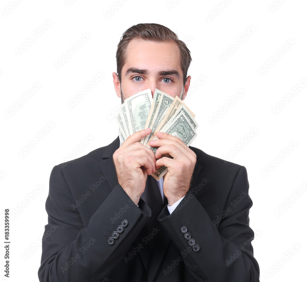 Handsome businessman with dollar bills on white background Handsome businessman with dollar bills on white background