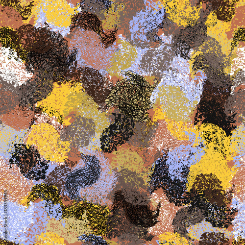 Seamless pattern with grunge striped stained chaotic  elements for web design in blue,yellow,black, brown,grey colors