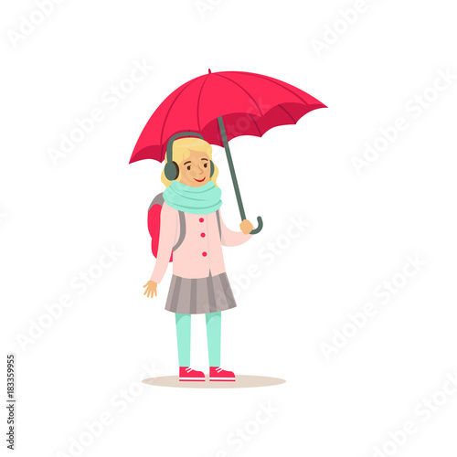 Lovely school girl with backpack standing with pink umbrella flat vector illustration