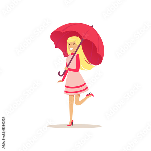Beautiful blonde young woman in pink dress standing with umbrella flat vector illustration © topvectors