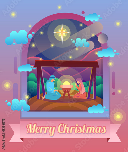 Mary and Joseph with baby Jesus, Christmas Nativity Scene under sky of stars. Modern vector cartoon illustration.