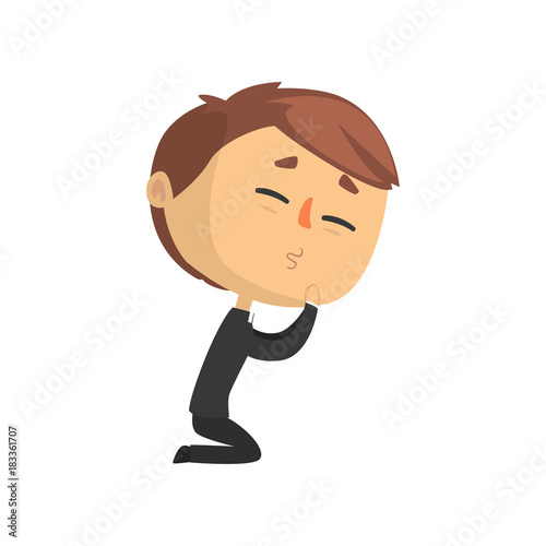 Priest character kneeling down and praying, catholic preacher, holy father cartoon vector illustration