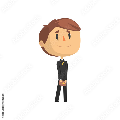 Priest character standing with bible, catholic preacher, holy father cartoon vector illustration