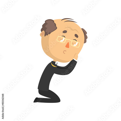 Humble mature priest character kneeling down and praying, catholic preacher, holy father in robe cartoon vector illustration