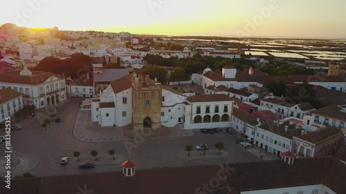 Aerial view of Faro with historic cathedral in the middle of old town, Portugal