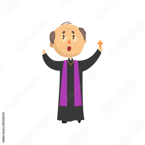 Priest character blessing people with cross, catholic preacher, holy father cartoon vector illustration