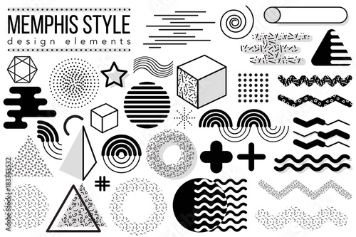 Abstract vector design elements set. Memphis style geometric shapes and forms collection to create poster  brochure  layout  template or presentation. Easy to combine and edit