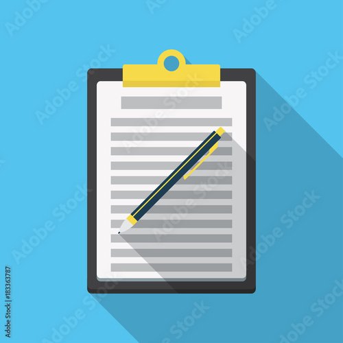 Clipboard with document and pen. Filling insurance claim form, paperwork, income tax form, write a report, business concepts. Premium quality. Modern flat design graphic elements. Vector illustration.