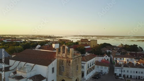 Aerial view of Faro with historic cathedral in the middle of old town, Portugal