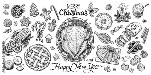 Christmas dinning table, vector illustration. Wintertime food and drinks top view.