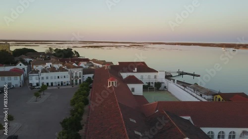 Aerial view of Faro with historic cathedral in the middle of old town, Portugal