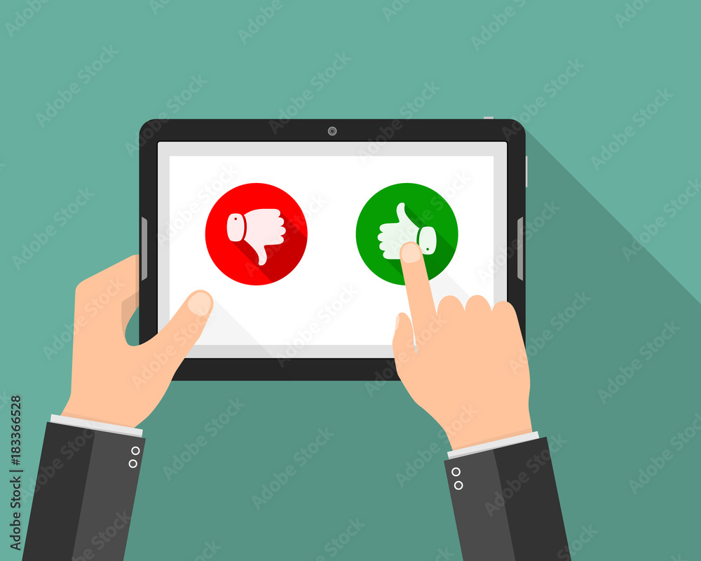 Hand holding tablet with like and dislike buttons. Vector illustration Hand holding tablet with like and dislike buttons. Vector illustration