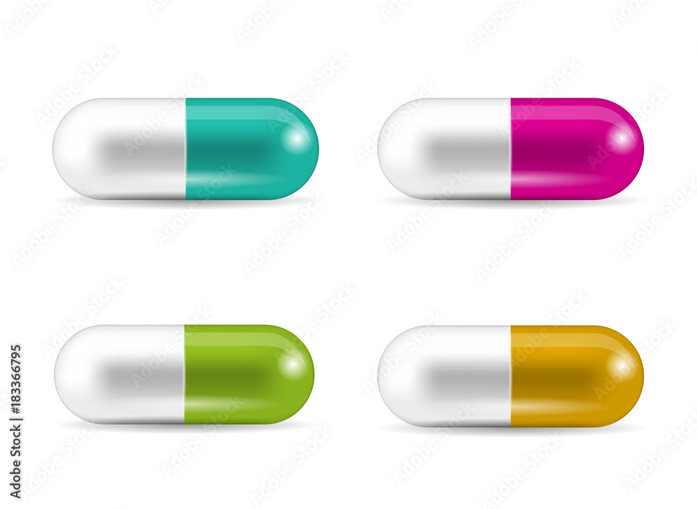 Set of capsuleshaped tablets. Collection of pills in caplet forms