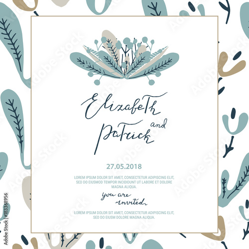 Wedding invitation with floral wreath, watercolor splash and lettering. Save the date template.