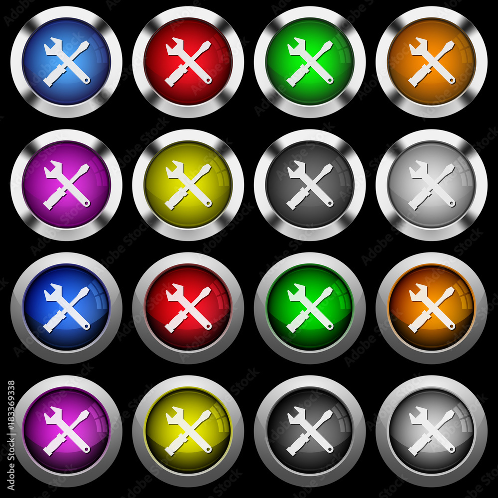 Tool kit white icons in round glossy buttons on black background Tool kit white icons in round glossy buttons on black background