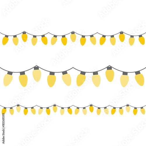 Christmas festive yellow lights on string. Decorative lights vector graphic illustration. Light bulbs in yellow shades.