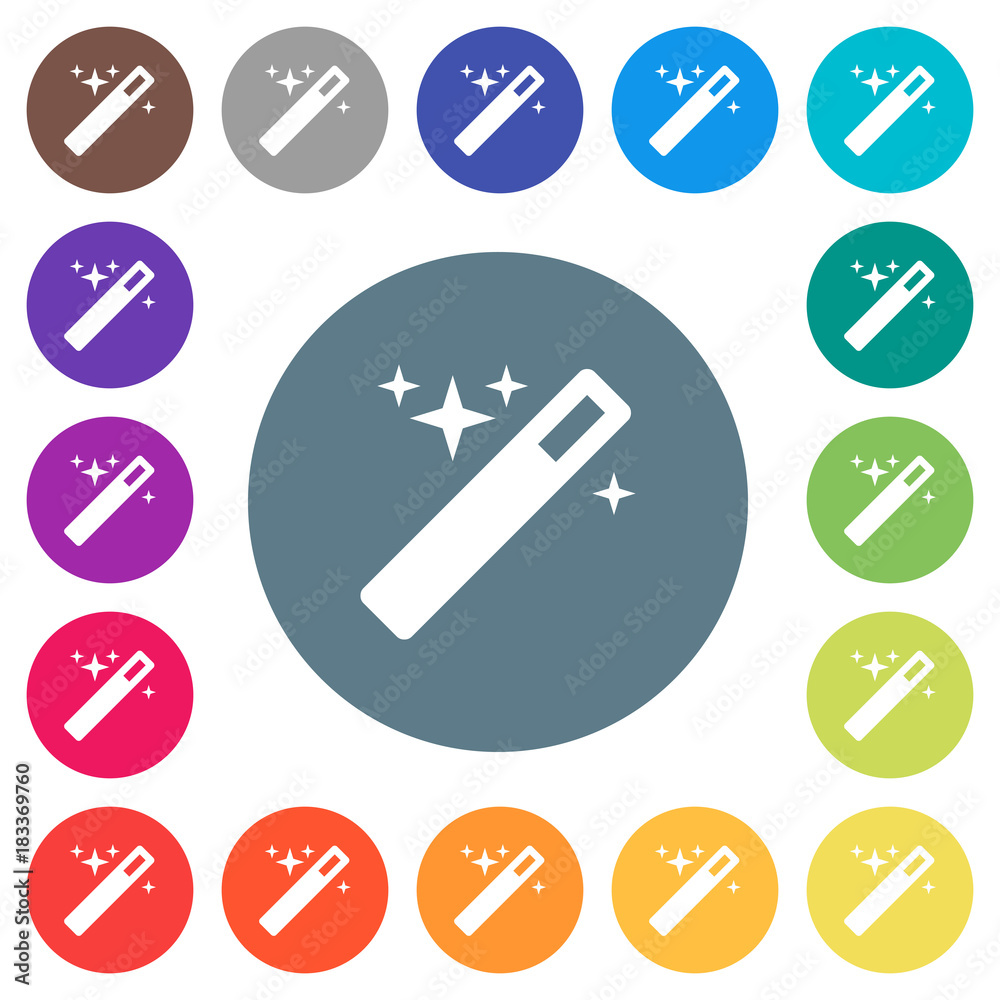 Magic wand flat white icons on round color backgrounds Magic wand flat white icons on round color backgrounds