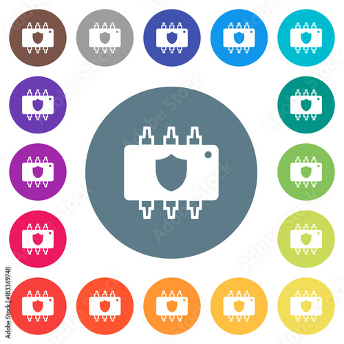Hardware protection flat white icons on round color backgrounds