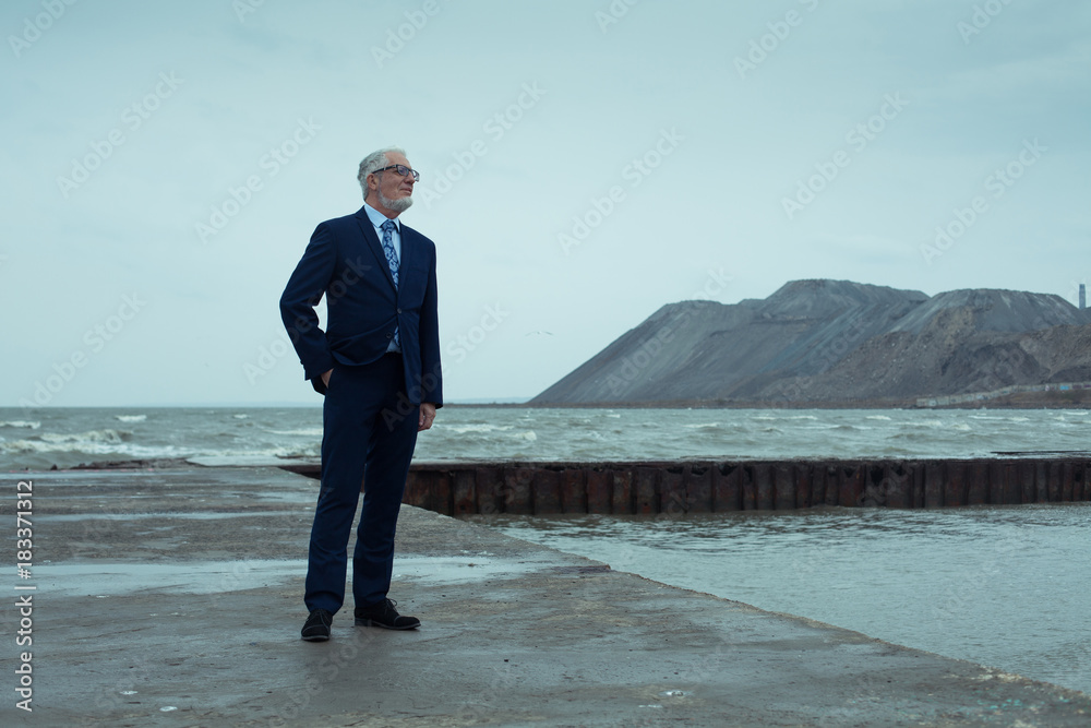 Successful entrepreneur looking around while standing outdoors in marina port. Skilled and confident businessman thinking about his future plans