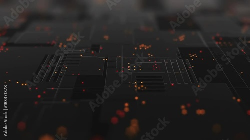 Abstract high tech digital technology background made of particles and metallic plates.  3D animation of seamless loop.