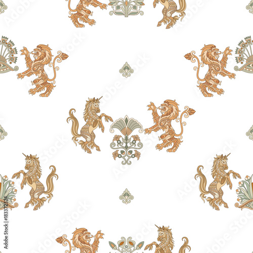 Seamless Pattern with heraldic unicorn and lion silhouettes in gold colors. Elegant stylized lily flowers (fleur de lis). Suitable for wrapping paper, fabric textile print, wallpaper or background.