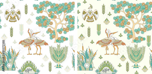 Seamless Pattern with storks (crane birds), fantastic phoenix, gecko (salamander) in pastel colors. Elegant stylized flowers. Suitable for wrapping paper, fabric textile print, wallpaper, background.