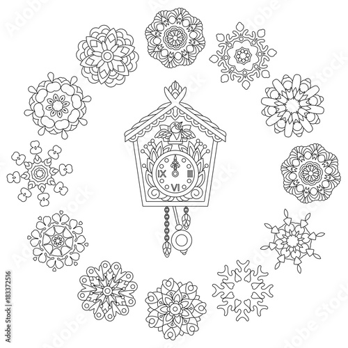 Christmas coloring page. Old antique wall clock with cuckoo bird singing and vintage winter snowflakes. Freehand sketch drawing for 2018 Happy New Year greeting card or adult antistress coloring book.