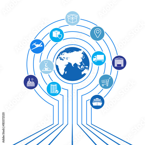 Global logistics network. Map global logistics partnership connection.  White similar world map and logistics icons.  Flat design. Vector illustration EPS10.