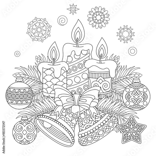 Christmas coloring page. Holiday decorations, hanging balls, candles, jingle bells, vintage snowflakes. Freehand sketch drawing for 2018 Happy New Year greeting card or adult antistress coloring book.
