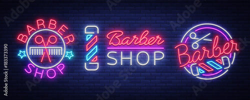Barber shop set collection logo neon sign, logo. Can be used as a header or template for logos, labels, cards. Neon Sign Board, Bright Lighting Advertising Hairdressing. Vector illustration