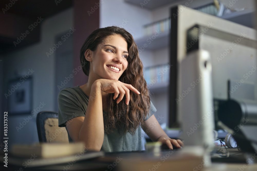 Smiling woman working at the pc Smiling woman working at the pc