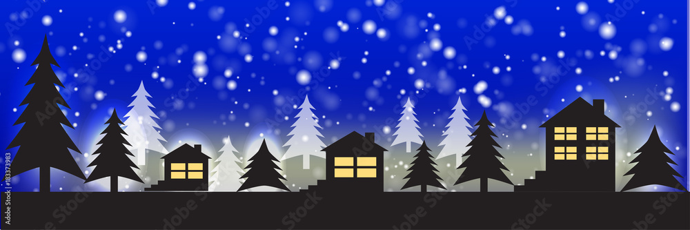 Silhouettes of houses against the sky. Christmas vector panoramic illustration.