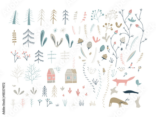 Forest doodle elements. Hand drawn cute illustrations.