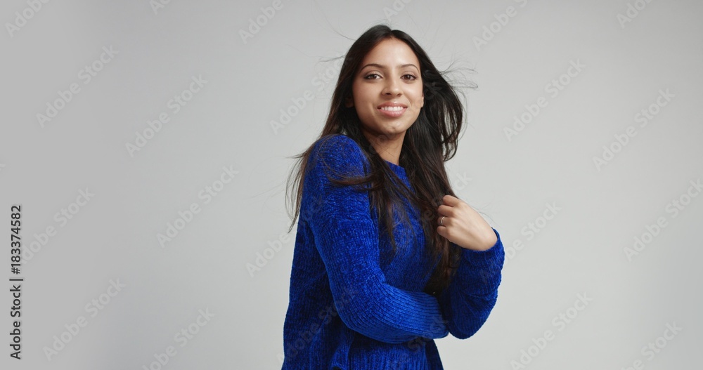 beautiful dark haired girl in a toasty fluffy sweater