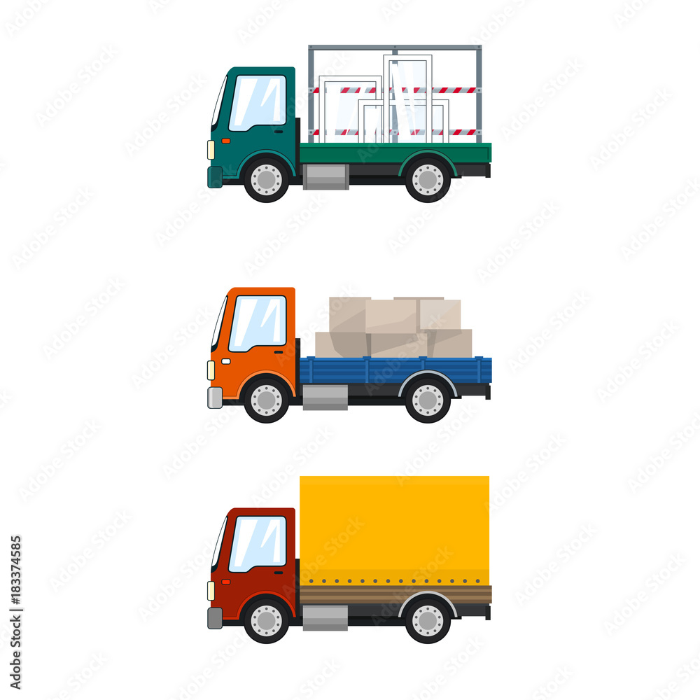 Set of Cargo Trucks, Car Transports Glass, Lorry with Boxes, Red Orange Small Truck, Delivery Services, Logistics, Shipping and Freight of Goods, Vector Illustration Set of Cargo Trucks, Car Transports Glass, Lorry with Boxes, Red Orange Small Truck, Delivery Services, Logistics, Shipping and Freight of Goods, Vector Illustration