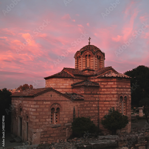 Old greek church on fire sunset,Athens,Greece.