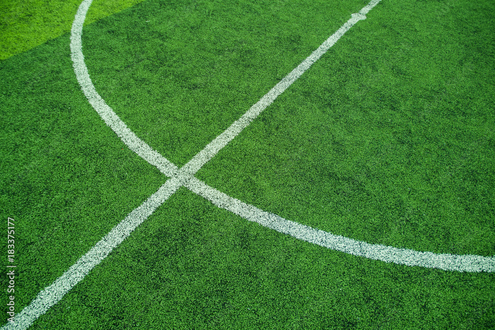 Green soccer field with white circle line, Flat lay