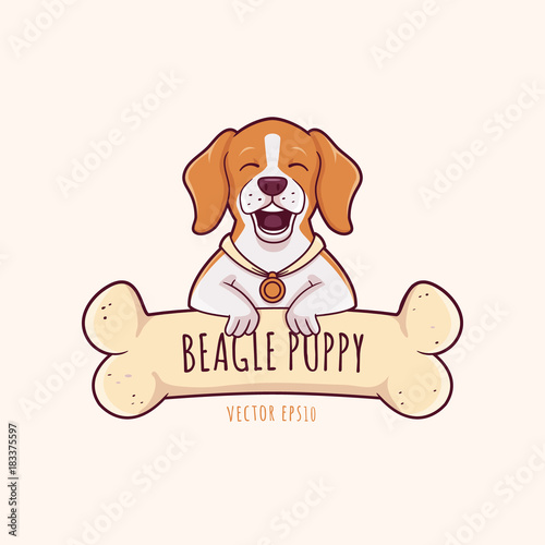 Cute little beagle dog puppy smiling with large chewing bone vector cartoon illustration