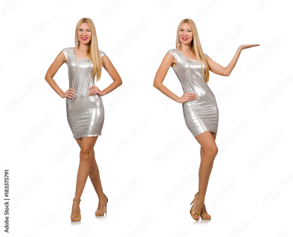 Young woman in silver dress isolated on white Young woman in silver dress isolated on white