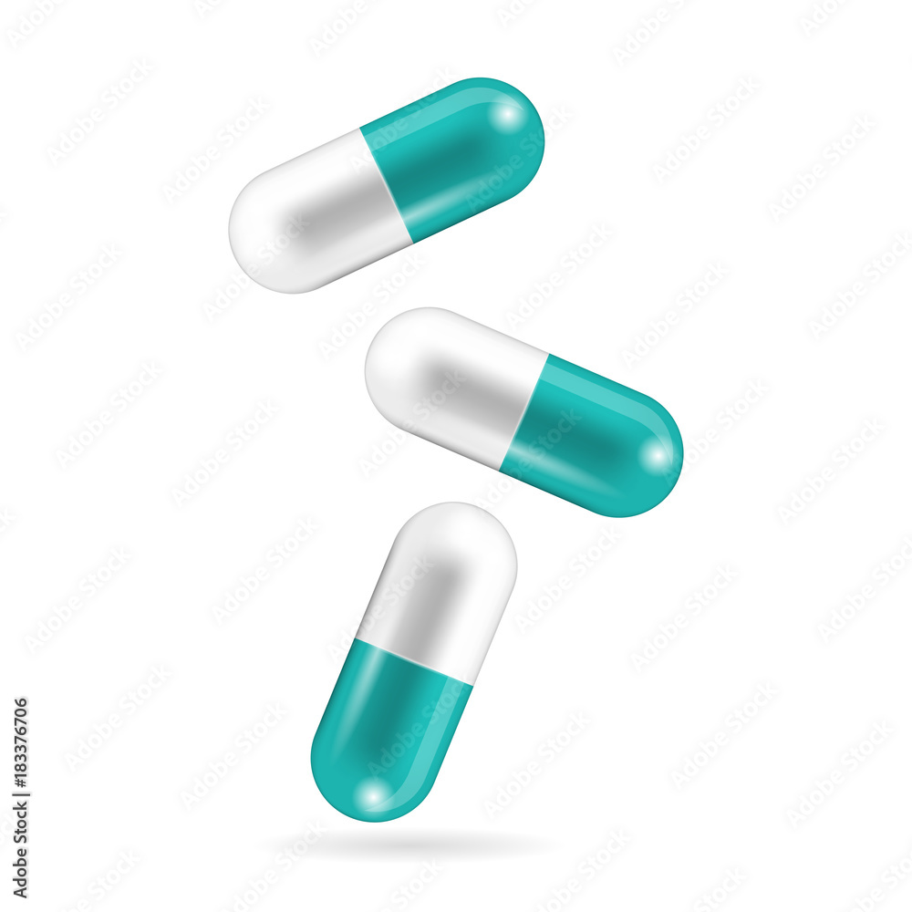 Realistic capsule pills are falling. Tablets in caplet forms and shapes. Vector illustration of medicine and drugs