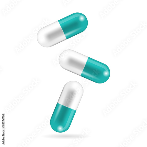 Realistic capsule pills are falling. Tablets in caplet forms and shapes. Vector illustration of medicine and drugs