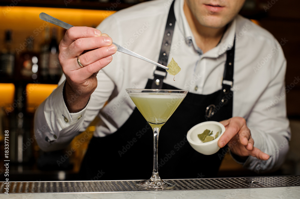 Barman putting a birch leaf decorating an alcoholic cocktail Barman putting a birch leaf decorating an alcoholic cocktail
