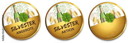 Button Set mit Sekt, Kleeblatt und Feuerwerk - Silvesterangebote, Silvestersaktion