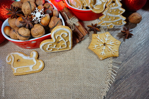 Cookies, gingerbread, nuts and spices. Christmas sweets and nuts. Christmas time 