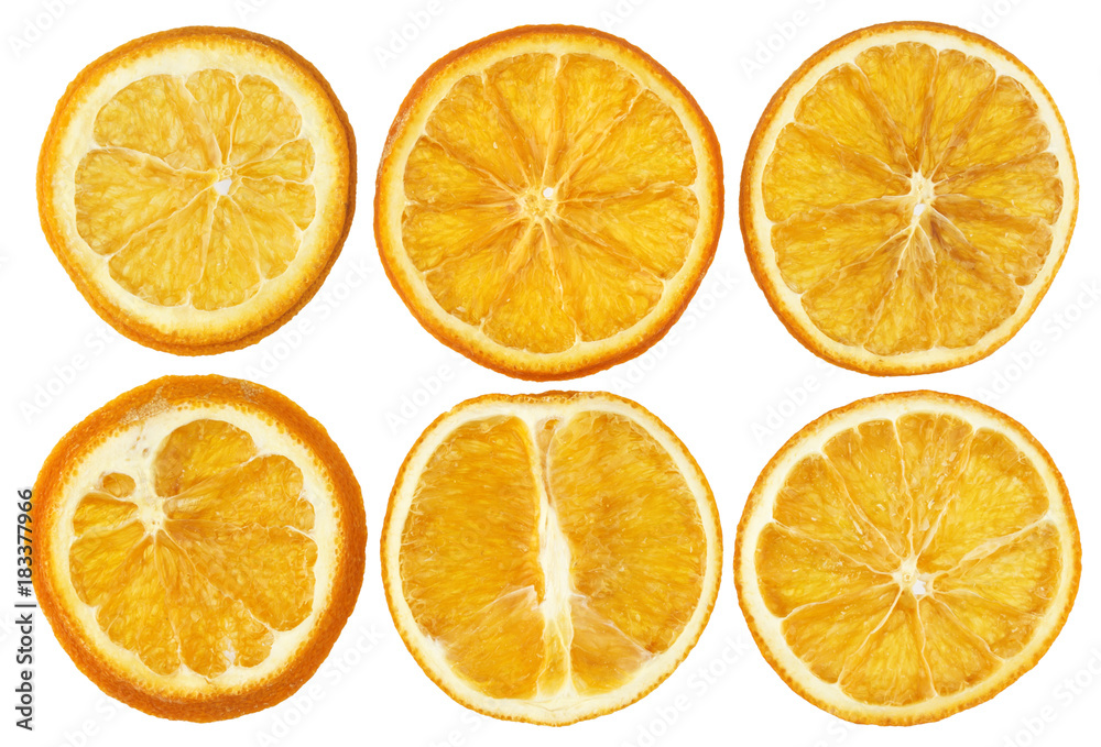 Dried oranges isolated on white background closeup
